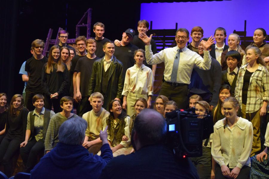 Rob Cardwell does his signature Jazz hand outro with the cast and crew of Peter and the Starcatcher.