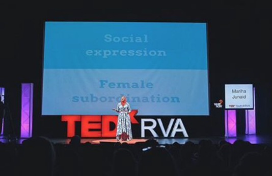 Senior Mariha Junaid speaks at the TEDxYouth@RVA event about her experience as a hijabi.