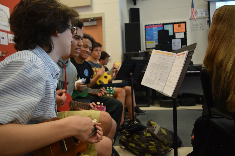 A row of students jam with the class during the Uke n Roll seminar.
