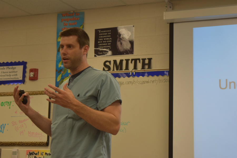 Dr. Miller visted Mrs. Smiths anatomy class to educate her students on the medical field.