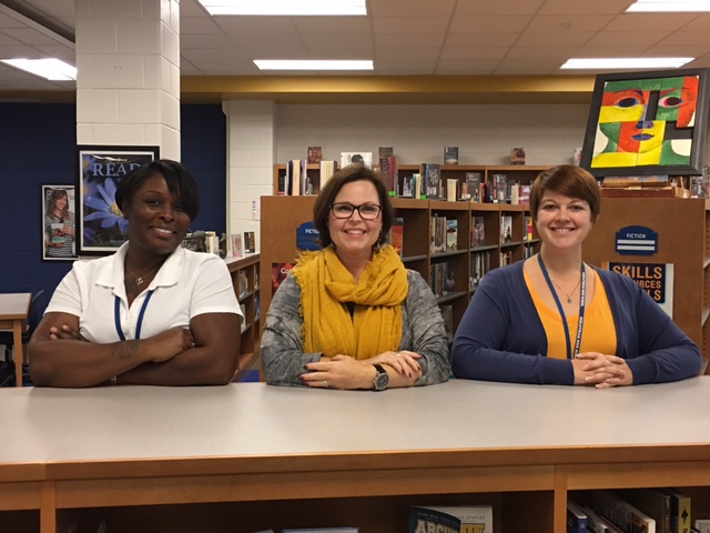 Come visit Midlos library staff: (left to right): Ms. Dawson, Ms. Murfee, and Ms. Mazzanti.