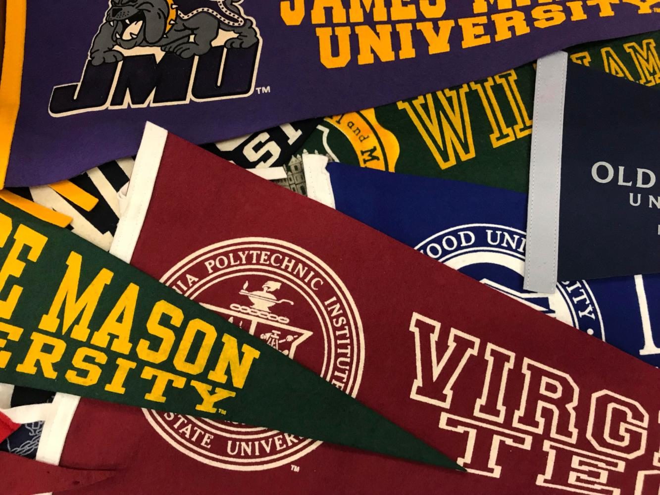 Ms. Martin represents many colleges in her room with colorful banners. 