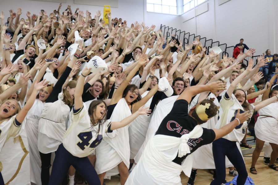 Seniors+do+the+wave+during+the+homecoming+pep+rally.