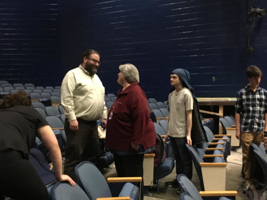 Rabbi Nagel greets Mrs. Katharine Baugher as he visits the Midlothian High School cast of Fiddler on the Roof.