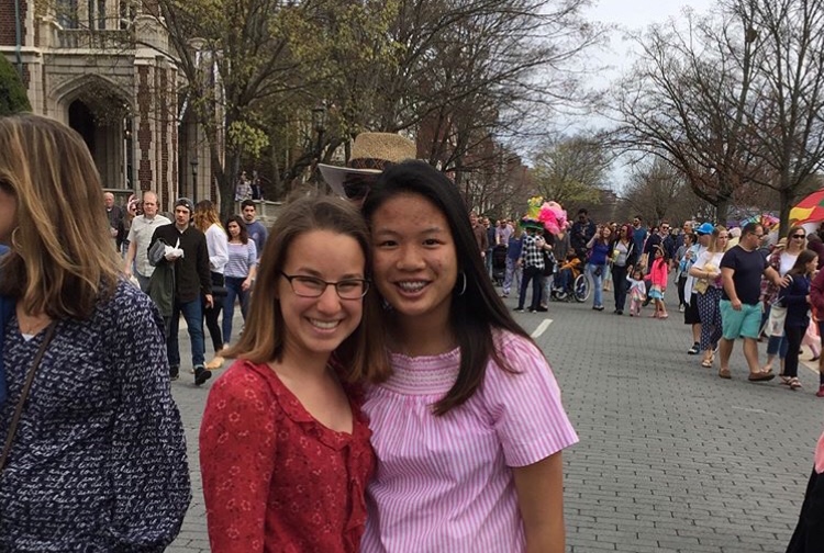 Sarah Ruotolo and Emily Truong meet up at the Easter Parade. 