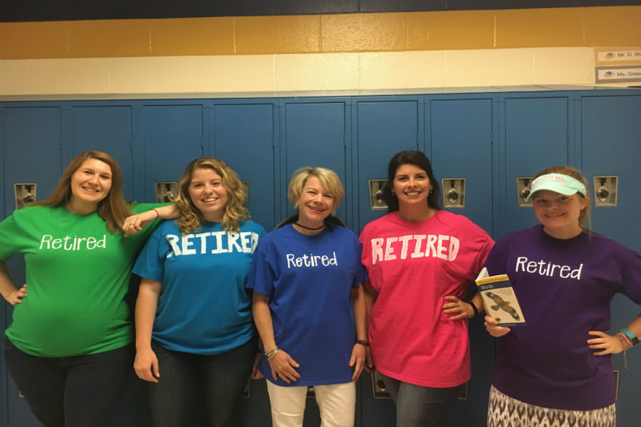 During Teacher Appreciation Week 2017, Midlo English teachers celebrated Mrs. Tuckers impending retirement on Twin Day.