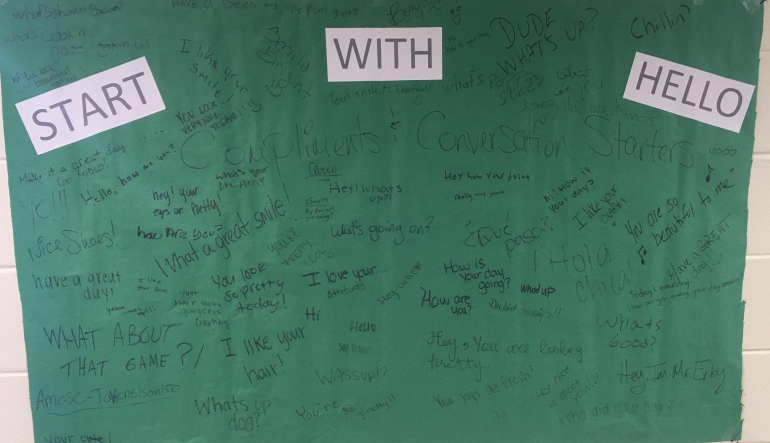 Midlo Counseling's Start With Hello Banner, where students could write fun facts about themselves or conversation starters.
