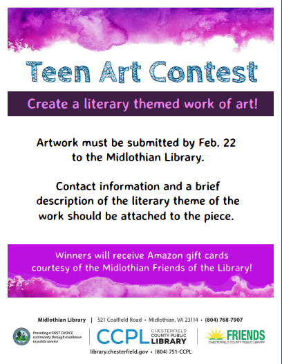 Submit your artwork to the Midlothian Public Library by February 22nd!