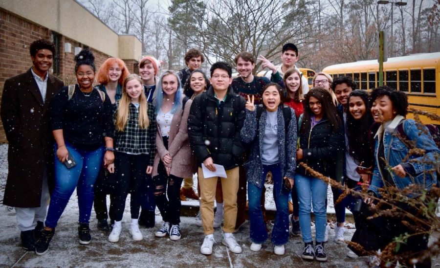 The IB Class of 2019 stand in the midst of the snow to be recognized for submitting their final IB Extended Essays (not pictured: Nabiha Rais)