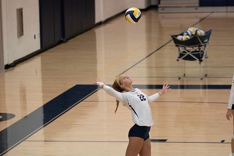 Bailey Botello serves the ball in a home court volleyball match.