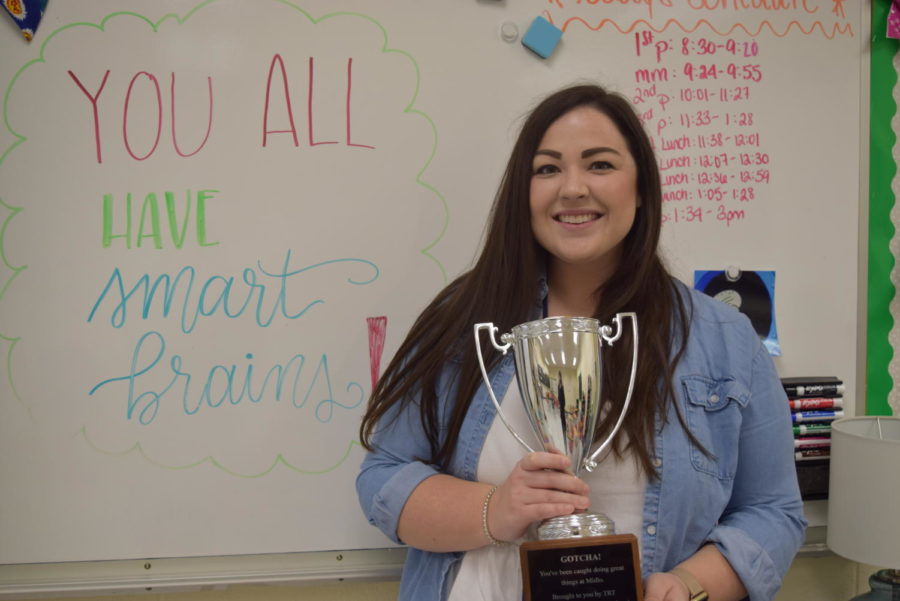 Mrs. Amy Woody gives Ms. Emily Pfund recognition for her outstanding teaching by passing on the Teachers Recognizing Teachers Award.