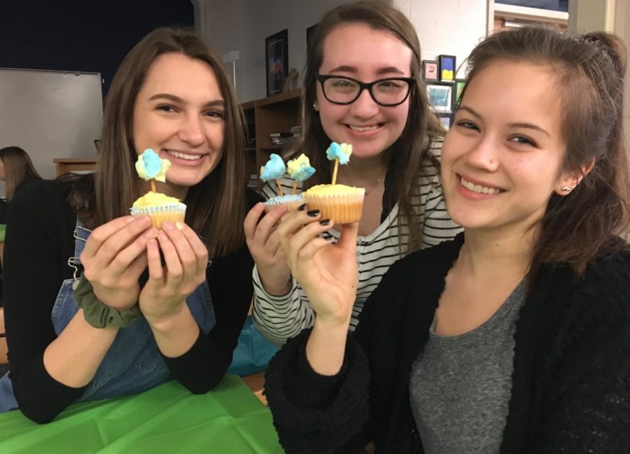 Seniors Carrie Rowley, Caitlin Woods, and Sarah Moskovitz show off their personally designed truffle tree cupcakes at the Dr. Suess Day event at the Midlothian High School library.