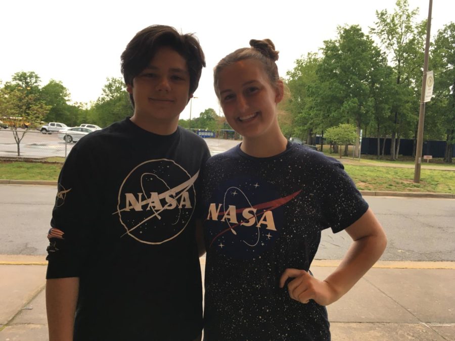 Britton Baltich and Sydney Barefoot show off their NASA gear for Out of This World Friday.
