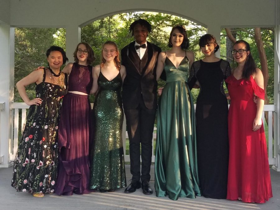 Midlo Prom 2019: Isabel Dingus, Amanda Riddle, Molly Jarvis, Winston Kakande, Sydney Clevinger, Mayte Losada, and Samantha Ramirez. 