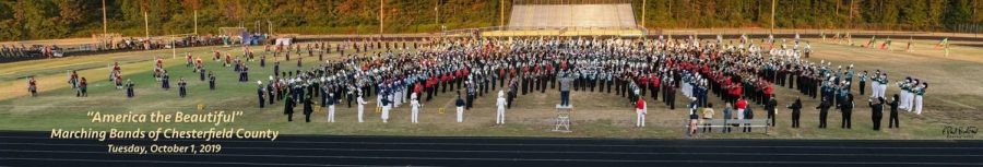 The marching bands of Chesterfield County join together to play America the Beautiful.