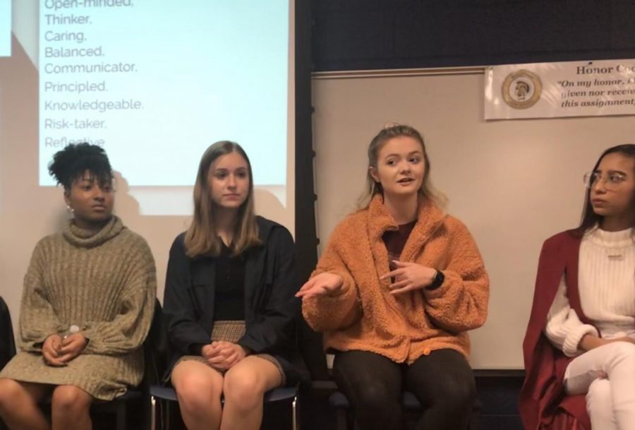 Lauren Hensley, a Virginia Tech student, explains the IB program to students at the IB Class of 2019 Graduate Panel.