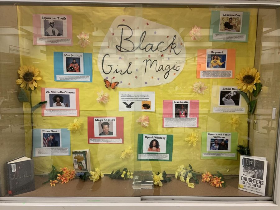 A Black History Month display case, located in the open commons, includes fact about famous African-American women.