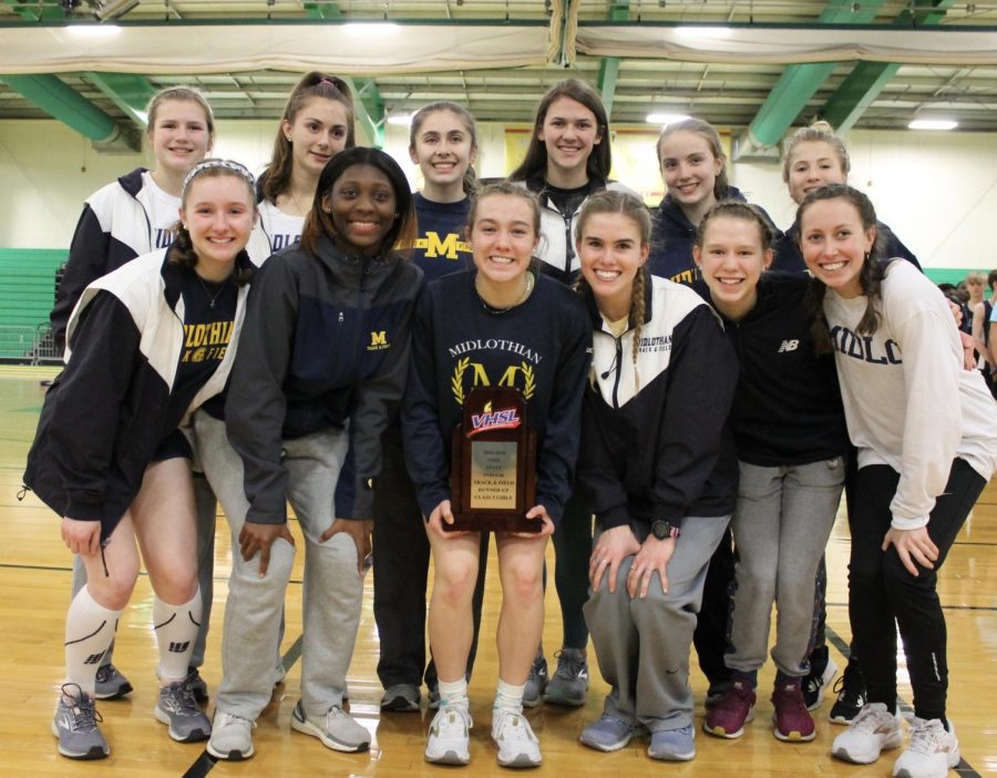 At+the+VHSL+Class+5+Indoor+Track+and+Field+Championships%2C+the+Midlo+Girls+celebrate+their+accomplishment+of+finishing+second+in+the+team+competition.