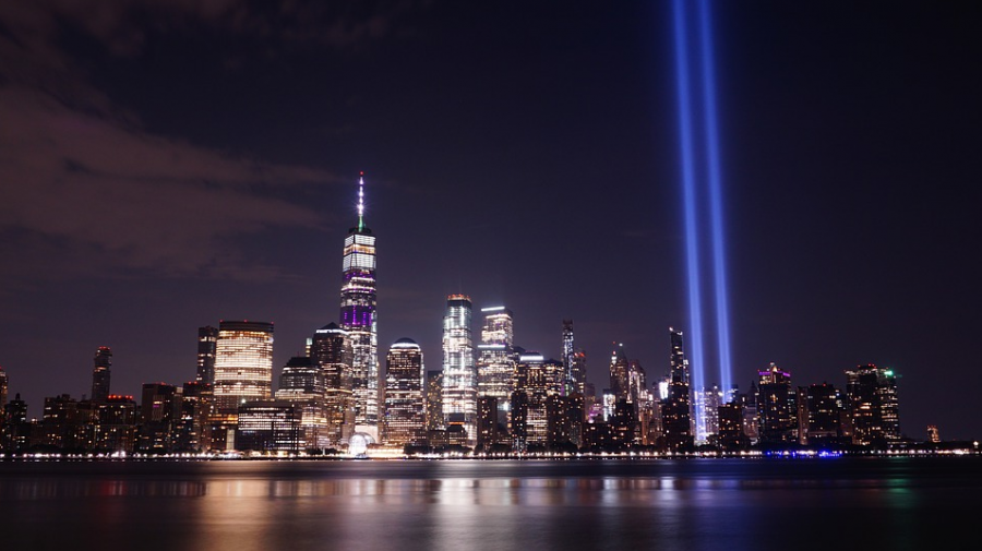 The attacks of September 11, 2001, are remembered in New York by two beams of light, representing the spot of the Twin Towers.