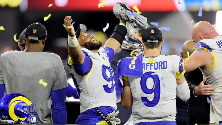 Defensive end Aaron Donald celebrates after the Los Angeles Rams Superbowl win