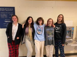 Kate Tabor, Noelia McCaffrey, Bella Wagner, Ava Gay and Mary Carson dress up in Work from Home Wednesday attire.