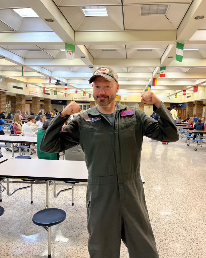 Mr. Scot Burns celebrates Halloween at school with his Top Gun costume.