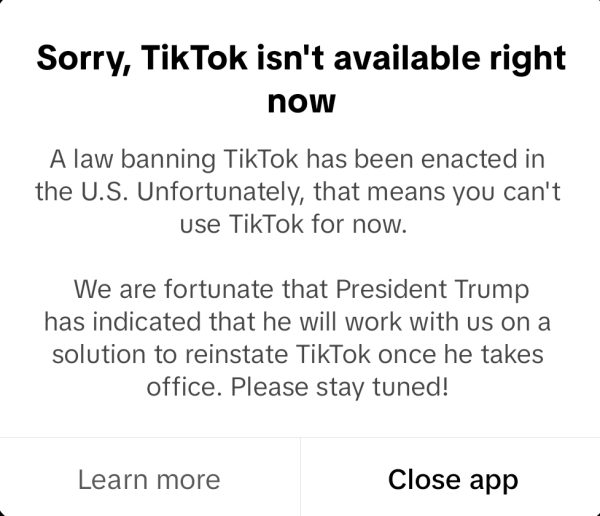 The notification that popped up on users screens, stating TikTok will not be working. 