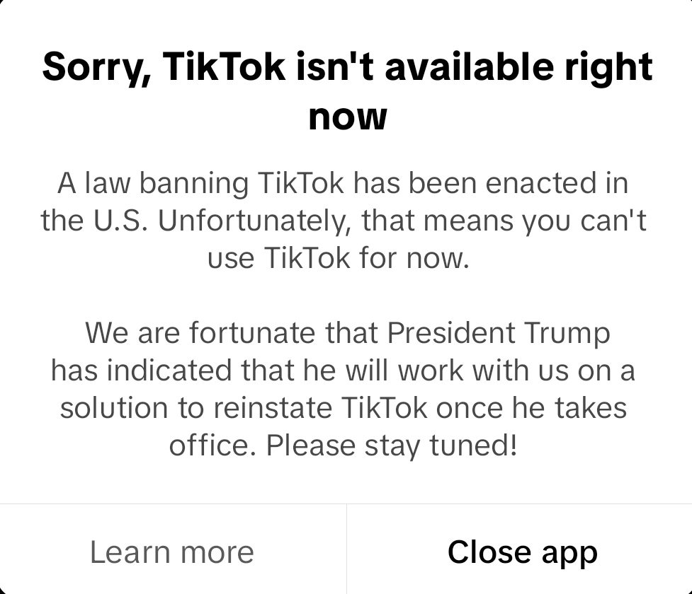 The notification that popped up on users screens, stating TikTok will not be working. 